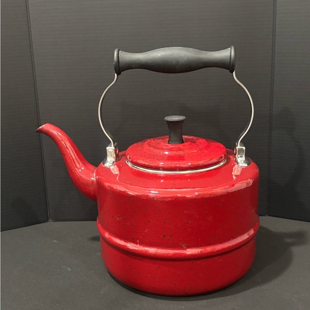 Vibrant Red Enamel Teapot with Black Handle